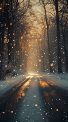 Dreamy blurred bokeh lights glowing gently on a snowy forest path creating an enchanting and tranquil winter landscape visual