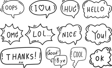 Speech bubble vector set with text phrases like oops, hello, hug, omg, and more, doodle-style design elements for creative projects