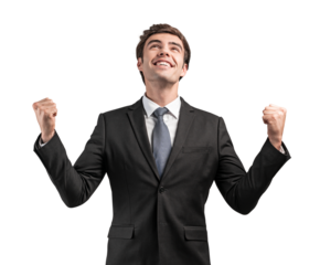 Young man in suit and tie, smiling, raising fists in success gesture, isolated on white background. Concept of achievement and celebration