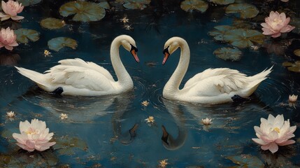Obraz premium Two graceful white swans elegantly swim in a serene pond, their necks intertwined in a heart shape, amidst blooming pink water lilies and lily pads, reflecting in the tranquil water.