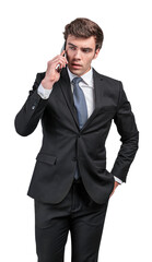 Fototapeta premium Man in asuit with a blue tie holding a phone to his ear, isolated on a white background. Concept of communication and professionalism