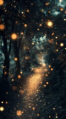 Naklejka premium Dreamy blurred bokeh lights glowing gently on a snowy forest path creating an enchanting and tranquil winter landscape visual