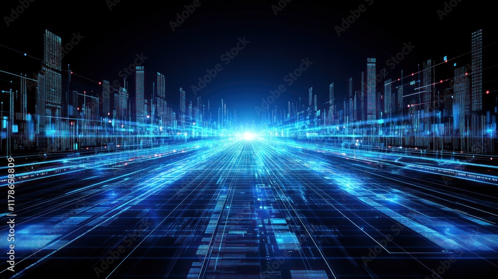 Poster futuristic digital city highway with glowing lines and data streams.