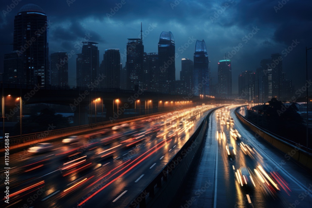 Poster a heavy traffic highway building architecture metropolis.