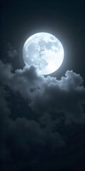 A large, bright full moon in a night sky with dramatic clouds surrounding it