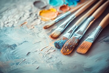 Fototapeta premium Close-Up of Paintbrushes Resting on a Palette with Vibrant Oil Paints