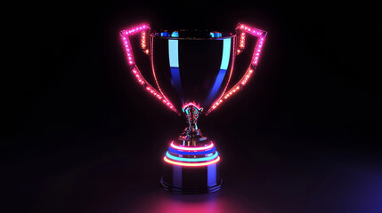 finance, A trophy with neon lights on it, simple background, front view, solid black color background, gaming style, esports scene, game elements, 3D rendering, high resolution, rich details, bright 