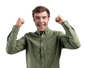 Man in green shirt raising fists in celebration, isolated on white background, showing excitement and positivity, concept of success
