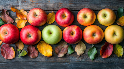 Vibrant fruit display of apples and leaves on rustic wooden table autumn harvest concept