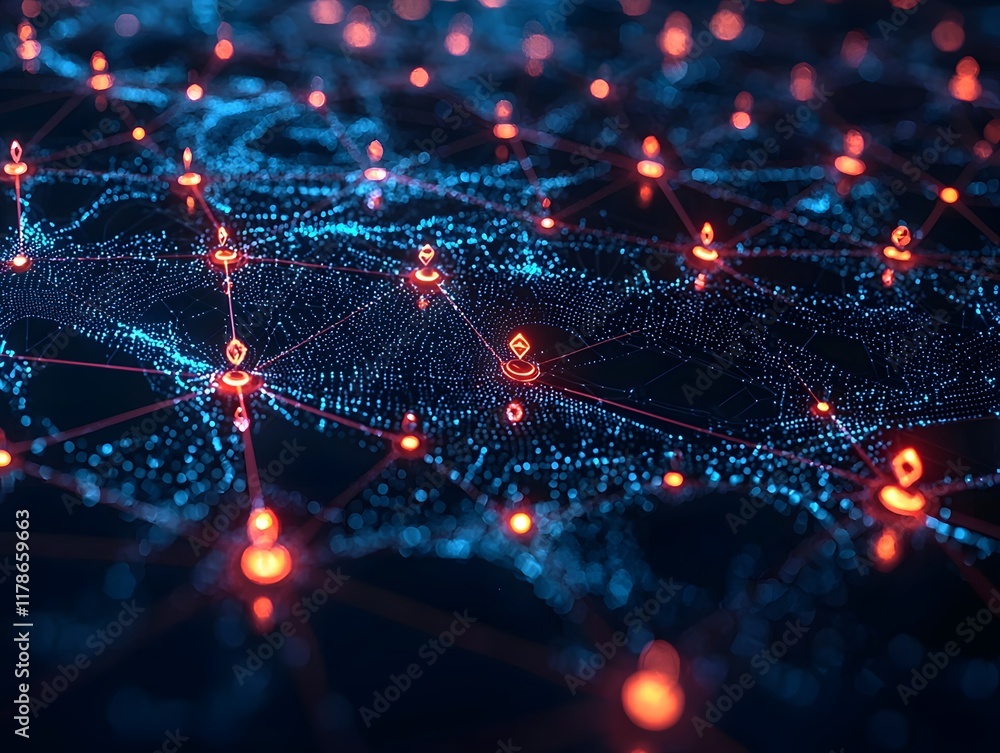 Aufkleber glowing neon business network visualization with interconnected nodes and energy radiating flows
