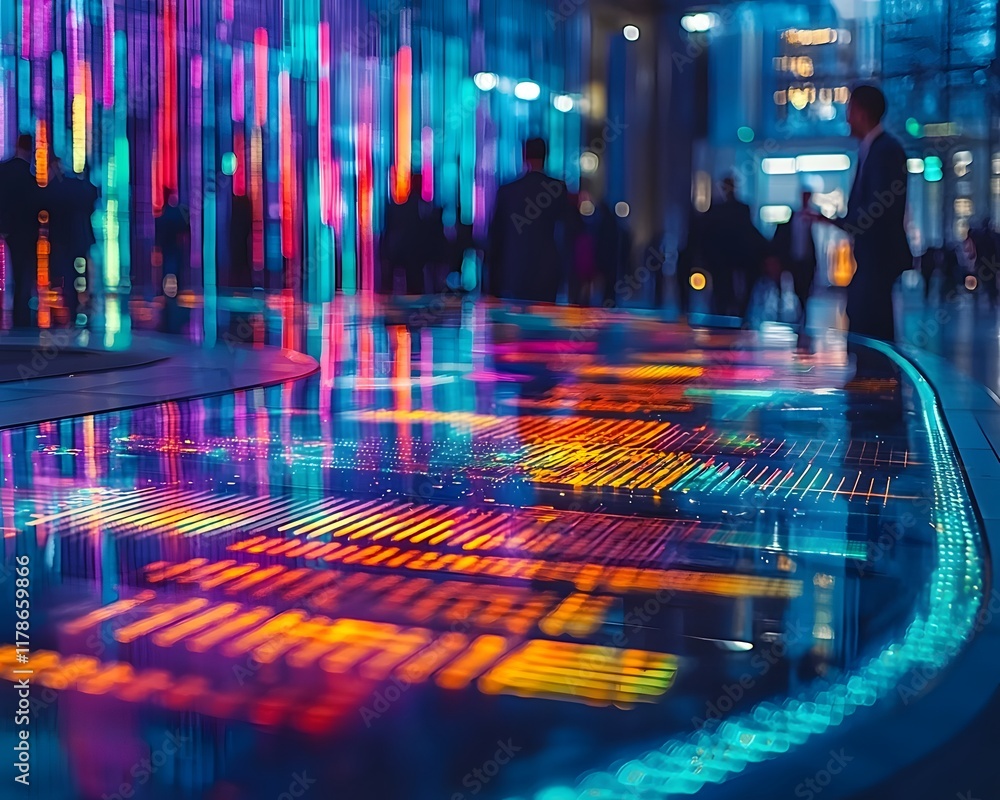 Aufkleber futuristic high tech networking lounge with holographic visualizations and sleek corporate professio