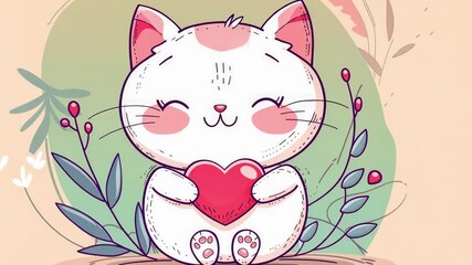 Adorable white kitten holding a heart while smiling with eyes closed, surrounded by flowers. Pastel colors emphasize love and affection. ai