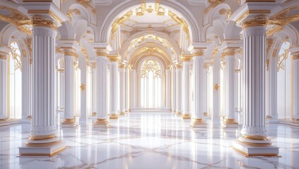 Grand hall with white columns, gold accents, and marble floor.