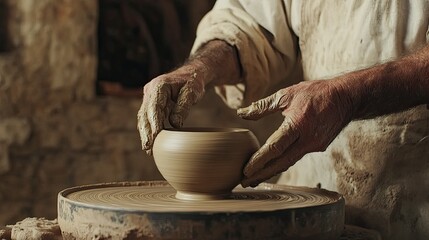 Clay pot spinning on a potter's wheel, hands gently shaping it, showcasing patience and dedication.