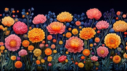 Vibrant floral border with various colors and types of flowers on a dark background.