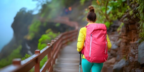 Adventurous female hiker exploring a scenic and winding forest trail surrounded by lush greenery towering mountains and a misty atmosphere showcasing a sense of adventure and connection with nature