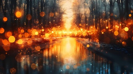 Dreamy blurred bokeh lights glowing gently on a snowy forest path creating an enchanting and tranquil winter landscape visual