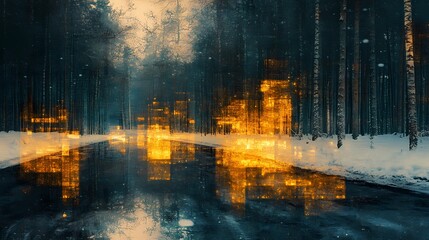 Obraz premium Dreamy blurred bokeh lights glowing gently on a snowy forest path creating an enchanting and tranquil winter landscape visual