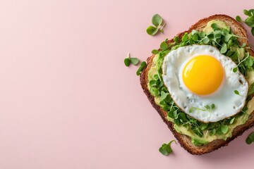 Delicious toast with avocado, microgreens, and a sunny side up egg on a pink background