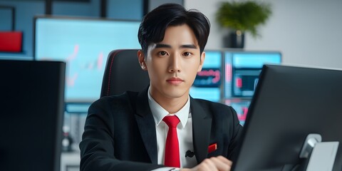 Businessman in a suit and tie analyzing market trends and financial data on a digital computer screen in a modern corporate office setting  Concept of business intelligence data analytics