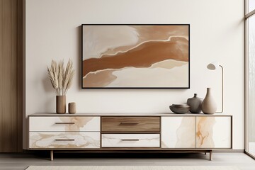 Modern Beige and Brown Abstract Art Decorates a Stylish Living Room.