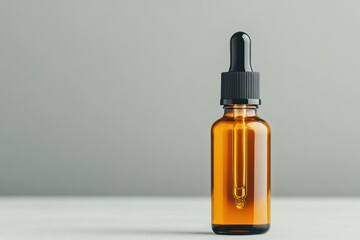 Fototapeta premium Brown glass dropper bottle sits on a light gray surface reflecting soft natural light