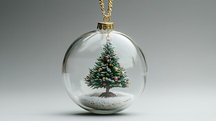 Delicate clear Christmas ball featuring a miniature decorated tree inside, festive charm enclosed.