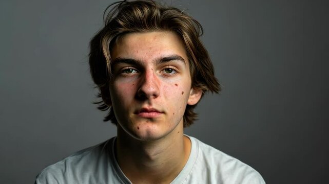 Teenage boy with medium-length hair wearing a white t-shirt, looking straight ahead with a neutral expression against a gray background.