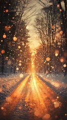 Soft blurred golden lights shimmer faintly along a snow-laden forest road evoking a peaceful and dreamy winter wonderland atmosphere