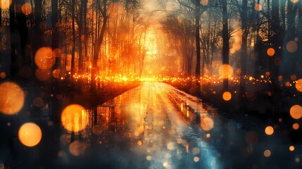 Fototapeta premium Soft blurred golden lights shimmer faintly along a snow-laden forest road evoking a peaceful and dreamy winter wonderland atmosphere
