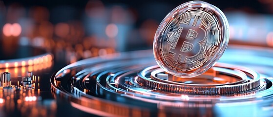 A digital representation of a Bitcoin suspended over circular patterns, symbolizing cryptocurrency's influence in modern finance.