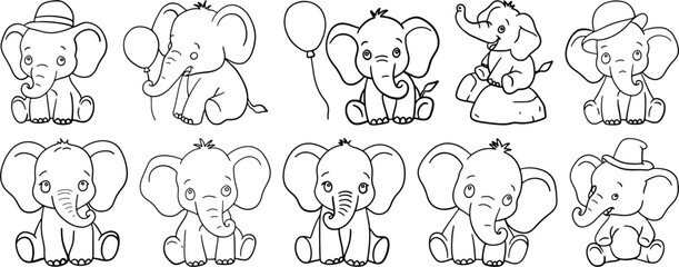 Cute baby elephant vector illustrations set with hats, balloons, and playful poses - black and white outline collection for kids' designs, coloring pages, nursery decor, and animal-themed artwork

