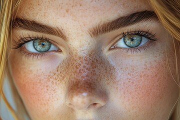 Fototapeta premium Close-up of a person with striking blue eyes and freckles enjoying a natural look in sunlight