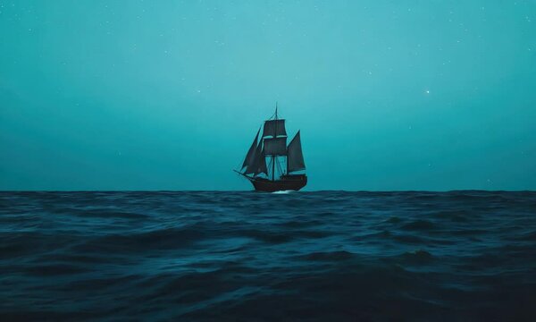 A solitary ship sails through dark waters under a starry sky, creating a mystical boat and tranquil atmosphere.