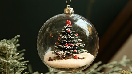 Festive holiday ornament with a tiny decorated Christmas tree enclosed in a clear glass sphere.