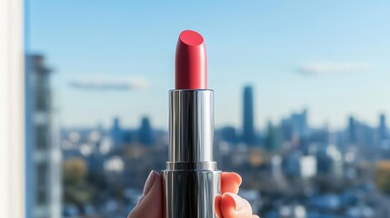 Woman s hand holding lipstick with sleek metallic packaging, blurred cityscape in the background
