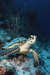 Obraz premium Green sea turtle swimming along the seafloor, underwater marine life
