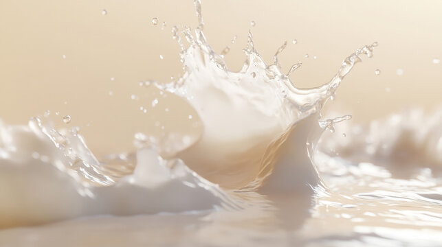 beautiful, A close-up of milk splashing in mid-air, creating an artistic and dynamic composition. The background is a soft beige color with subtle light reflections on the surface of the liquid.