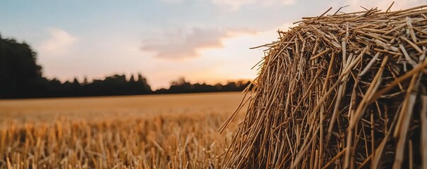 Fototapeta premium A golden field at sunset with a hay bale in the foreground, showcasing the beauty of rural life and nature's tranquility.