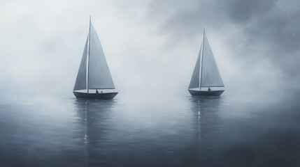 Fototapeta premium beautiful, A painting of two sailboats on the water, foggy background, minimalist, dark grey and white color palette, atmospheric perspective, high resolution, oil paint, high quality, detailed, HD, 
