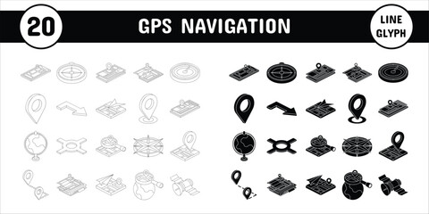 GPS Navigation Line Glyph Vector Illustration Icon Sticker Set Design Materials