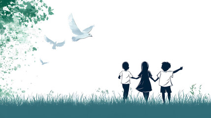 Obraz premium Three children holding hands in a serene landscape, with birds flying above and lush grass beneath, evoking a sense of freedom and togetherness