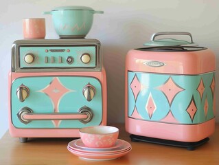Vintage risograph art features retro kitchen appliances with atomic age patterns in pastel turquoise and coral pink, evoking a classic 1950s homeware aesthetic