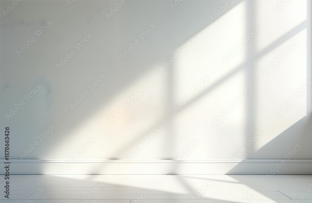 Poster indoor studio setting with blank white wall, wooden floor. sunlight casts soft shadows from window o