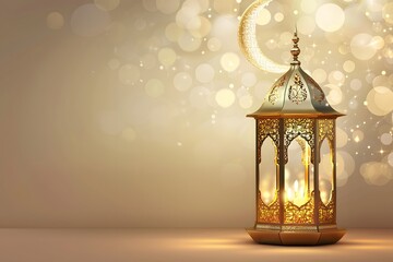Golden lantern and a crescent moon for Eid Mubarak and Ramadan Kareem on a beige background, with copy space for text