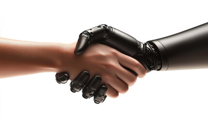 finance, A human hand and a robot's hand shaking hands, against a white background, with a close-up shot of the two hands, one side of the arm in skin color and the other in metal, in black tones, in