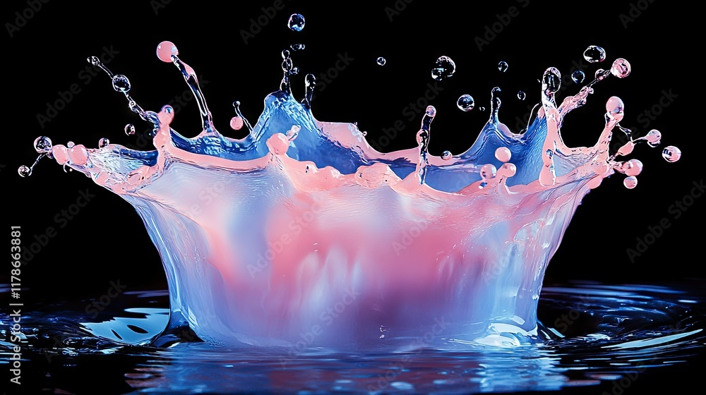 Poster fresh water splashes on a black backdrop, creating an abstract visual with an emphasis on clarity an