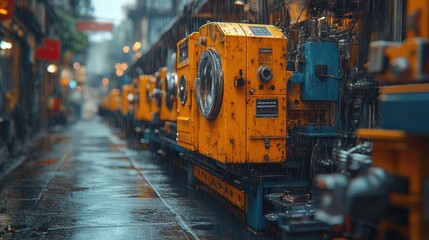 Industrial machinery lined up in a rainy alleyway.