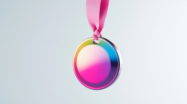 finance, 3D render of a colorful ombre medal hanging on a pink ribbon, against a white background.