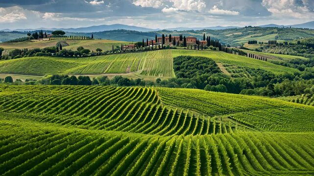 A view of a vineyard in the Italian countryside, showcasing rows of grapevines stretching across the landscape, Lush vineyards on rolling Tuscan hills